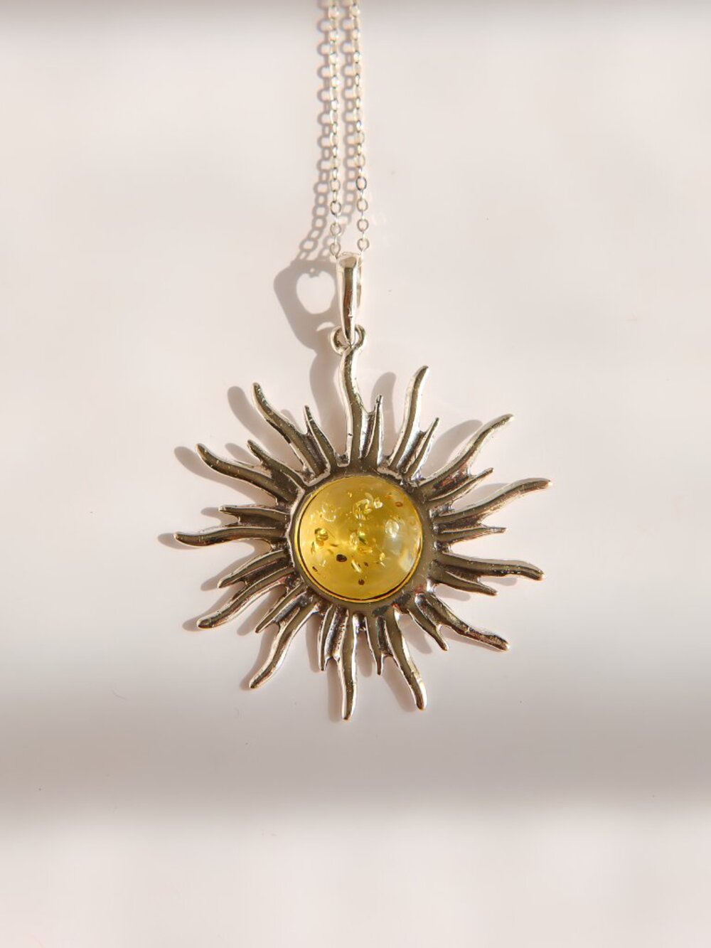 Baltic Lemon Amber Sun Pendant in Sterling Silver
